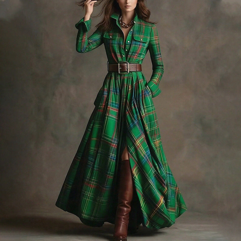 Women's Printed Lapel Slim-Fit Dress – Elegant Commuter Style Christmas Green
