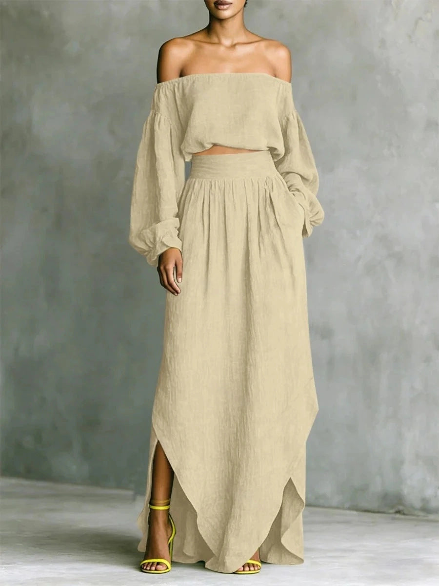 Off-Shoulder Top & Asymmetrical Maxi Skirt Set – Women's 2-Piece Outfit Apricot