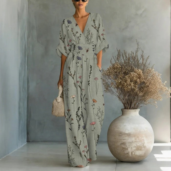 Women's Waist-Cinched V-Neck Printed Wide-Leg Jumpsuit 1color