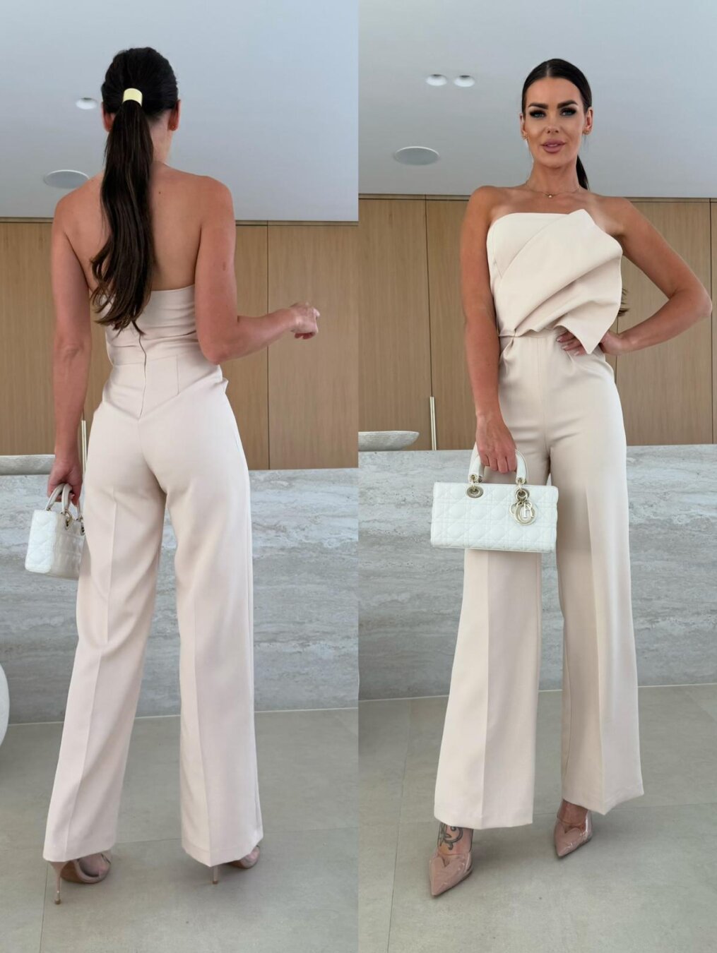 Candy-Colored Bodycon Halterneck Backless High-Waist Wide-Leg Jumpsuit Apricot