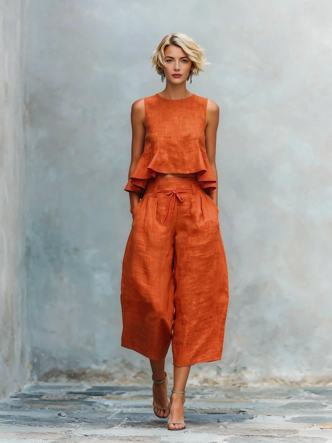 Women’s Linen-Blend Sleeveless Two Piece Set with Ruffled Detailing Orange Red