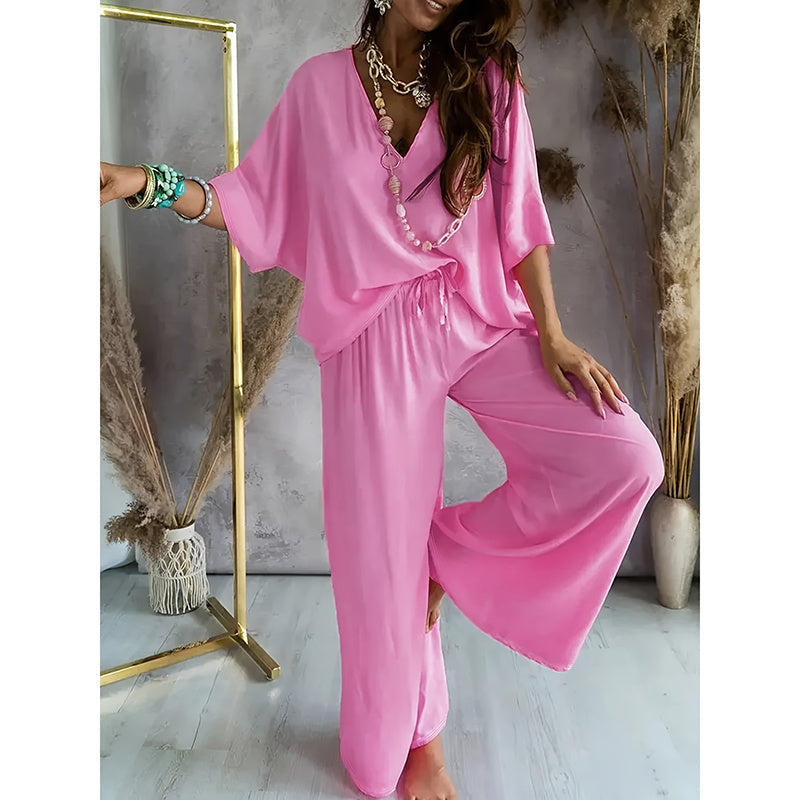 Women’s Lounge Set with Wide Leg Pant Pink