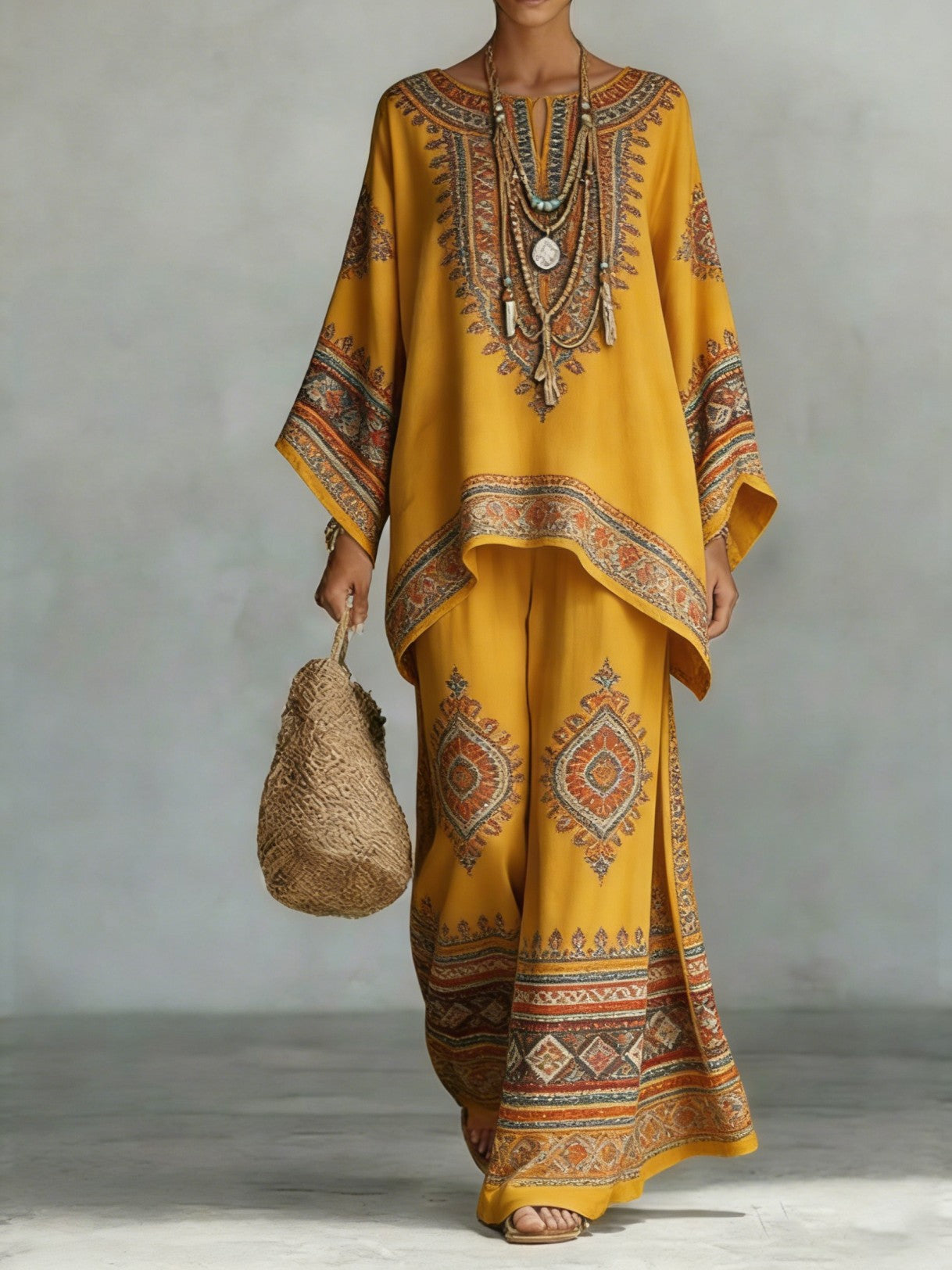 Women’s Printed Crew Neck Long Sleeve Two Piece Set Yellow