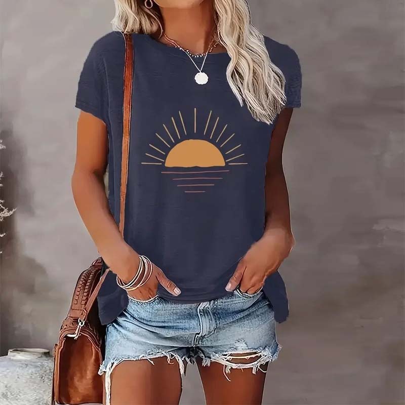 Sunrise Print Round Neck T-Shirt Blue
