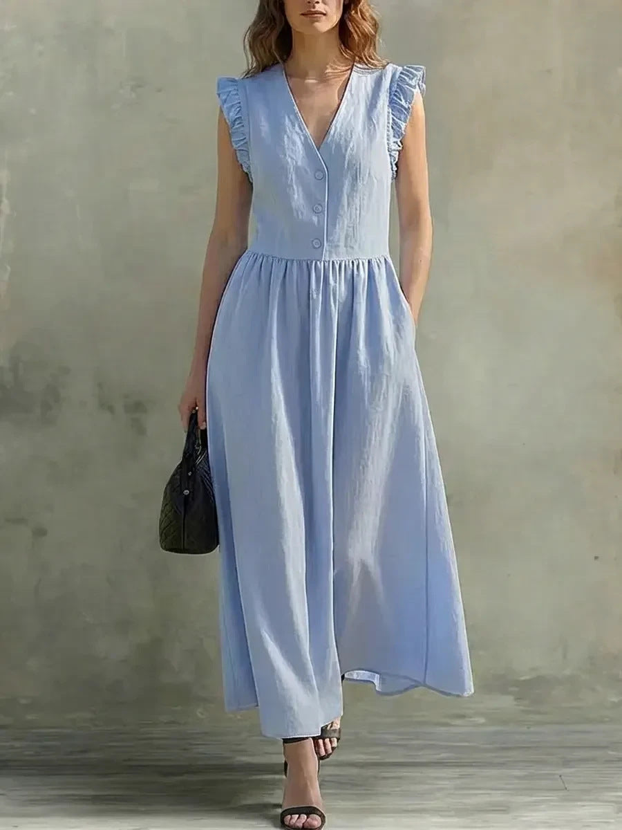 V-Neck Puff-Sleeve Dress with Pockets – Cotton Linen, 7 Colors Light Blue