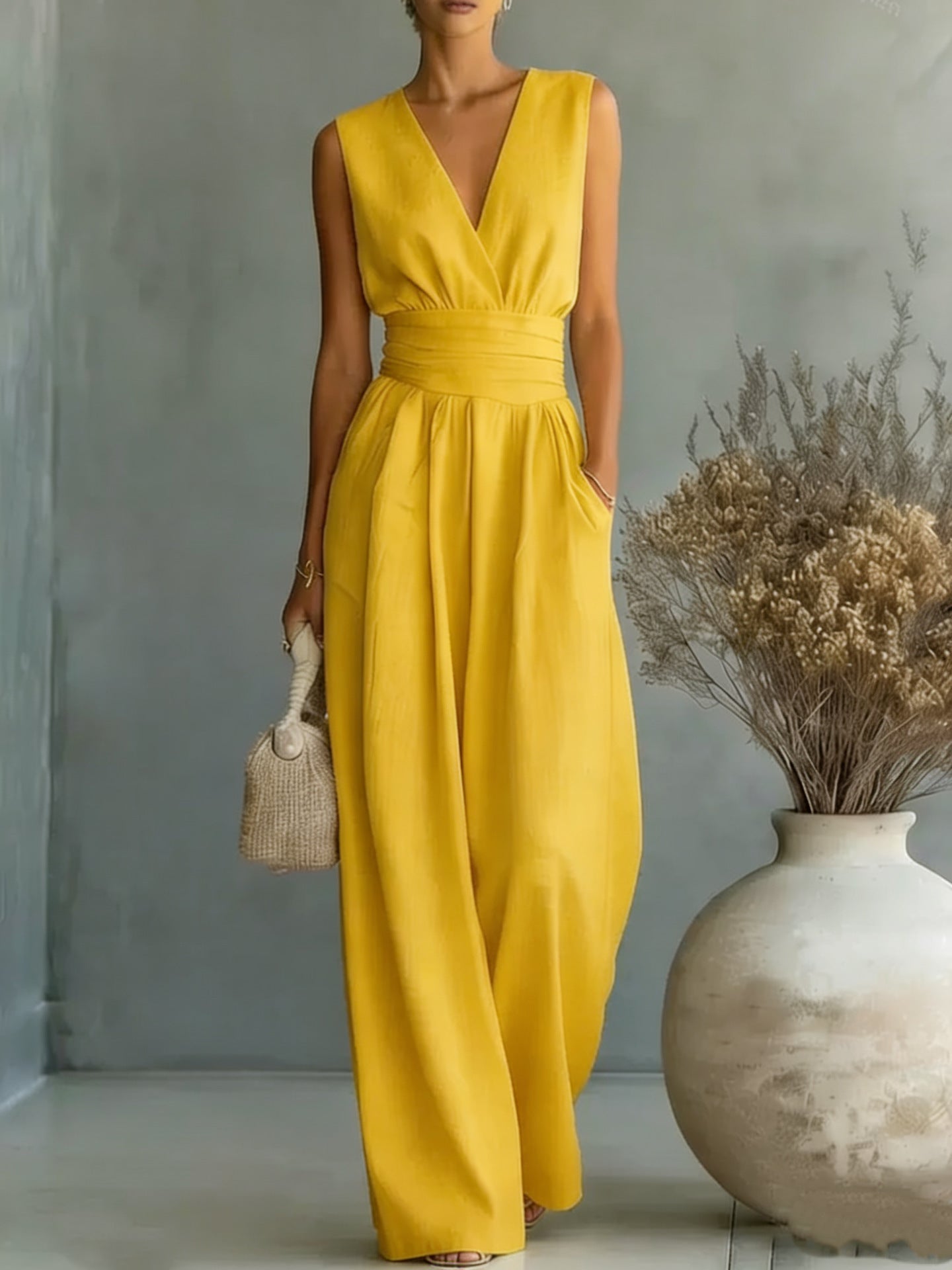 Women's Elegant V-Neck Sleeveless Jumpsuit – Waist-Cinching Straight Leg Yellow