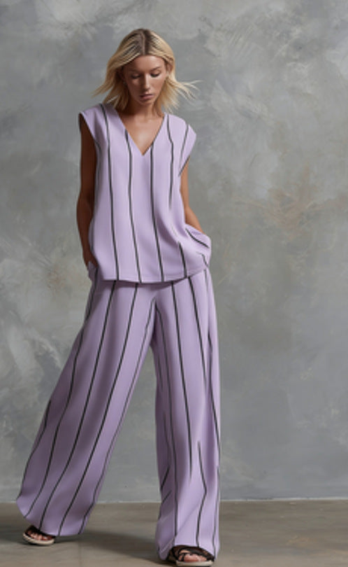 Women’s Sleeveless Striped Top and Full-Length Pants Set Lavender Purple