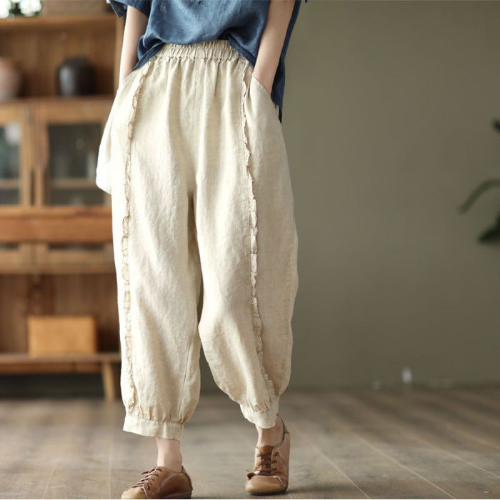 Women's High-Waist Solid-Color Capri Harem Pants Hemp Color