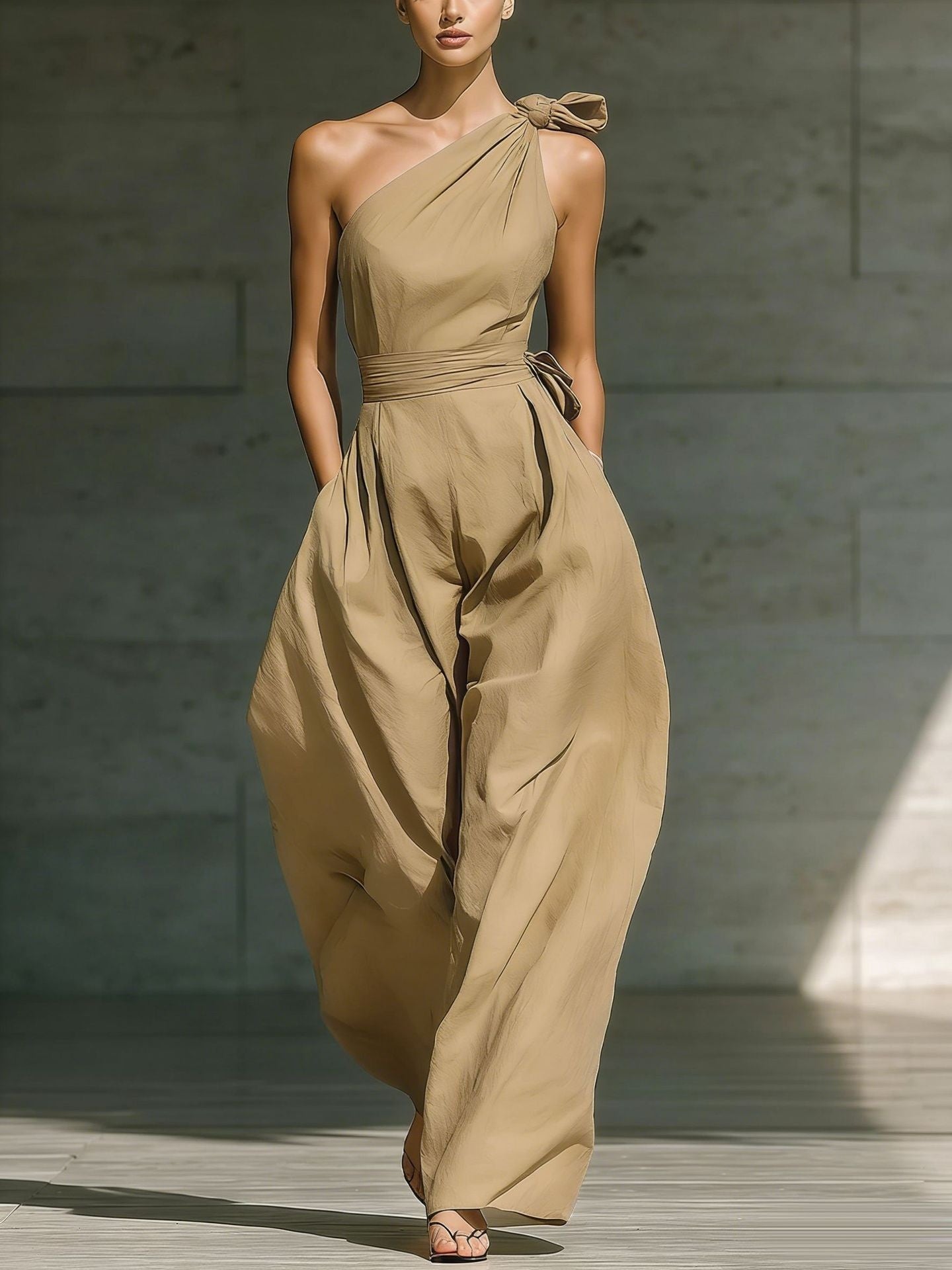Women's Loose Sleeveless Off-Shoulder Belted Wide-Leg Jumpsuit Khaki