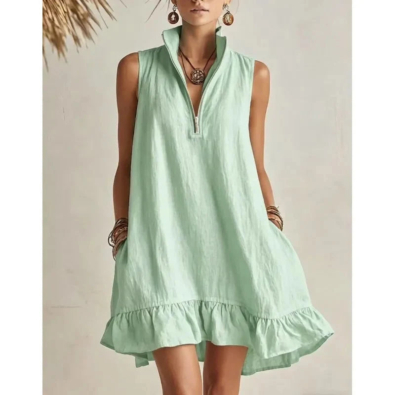 Women's Casual Loose Half-Zip Sleeveless Dress with Ruffle Hem Light Green