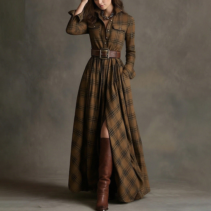 Women's Printed Lapel Slim-Fit Dress – Elegant Commuter Style Khaki