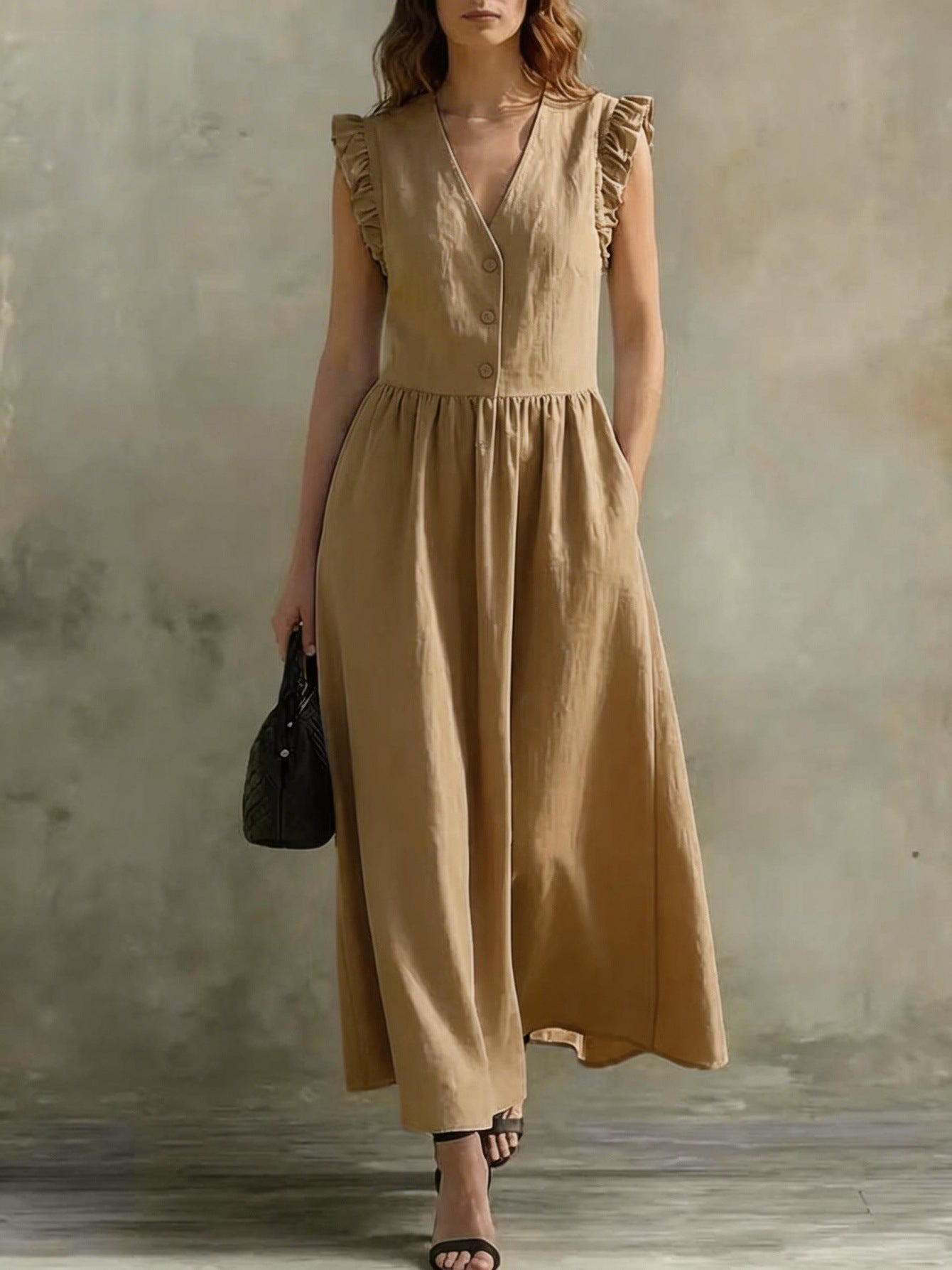 V-Neck Puff-Sleeve Dress with Pockets – Cotton Linen, 7 Colors Khaki