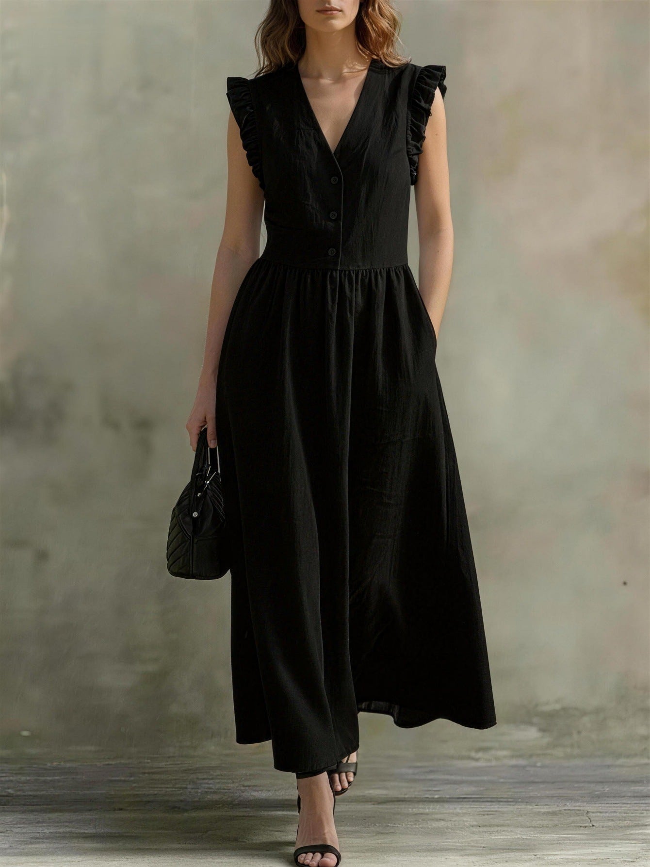 V-Neck Puff-Sleeve Dress with Pockets – Cotton Linen, 7 Colors Black