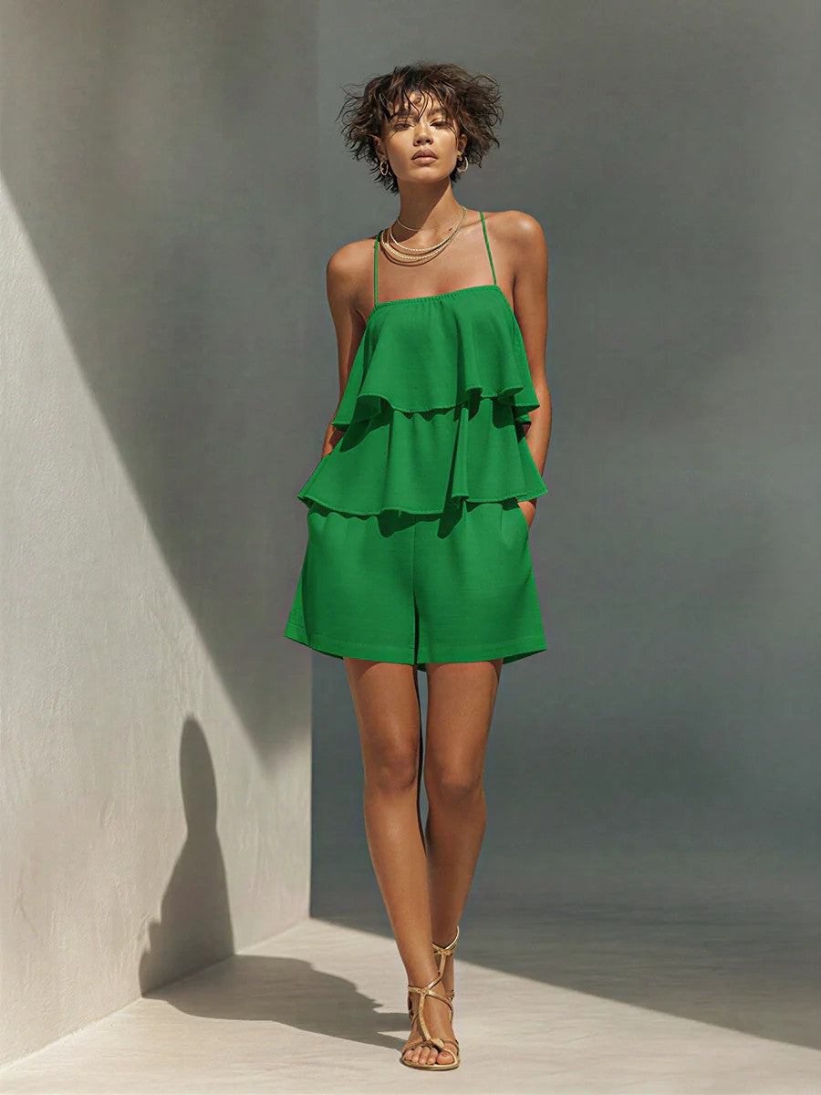 Women's Multi-Layer Ruffle Camisole & Shorts Set Green