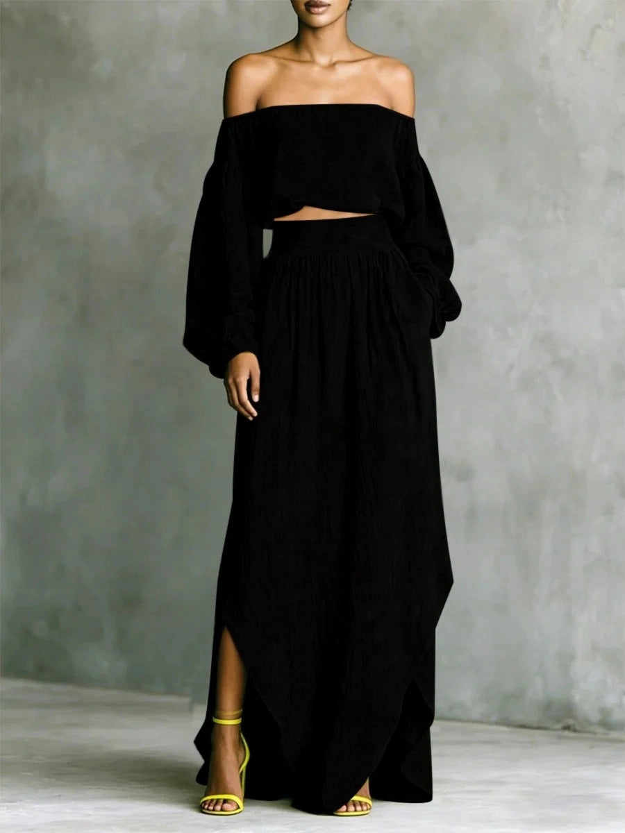Off-Shoulder Top & Asymmetrical Maxi Skirt Set – Women's 2-Piece Outfit Black