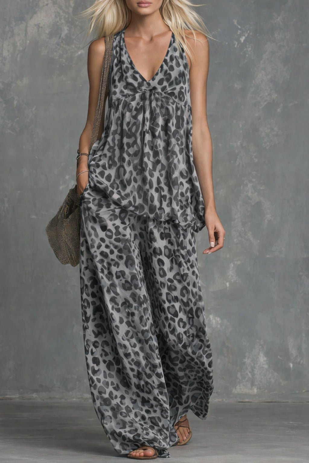 Women’s Leopard Print Sleeveless Top and Chiffon Pants Set Gray