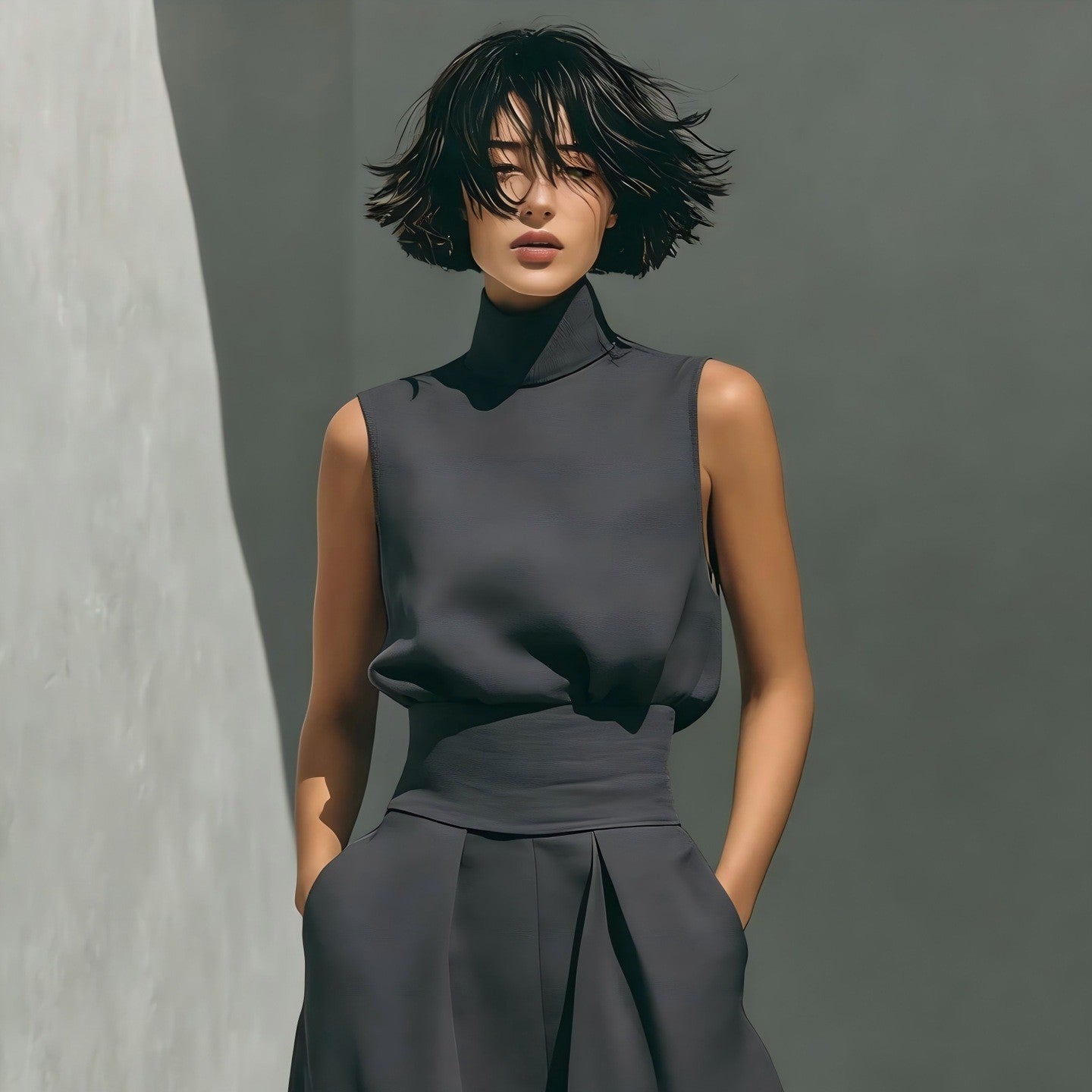 Women’s Cotton Linen Two-Piece Set – Sleeveless Top & Wide-Leg Pants Graphite Color