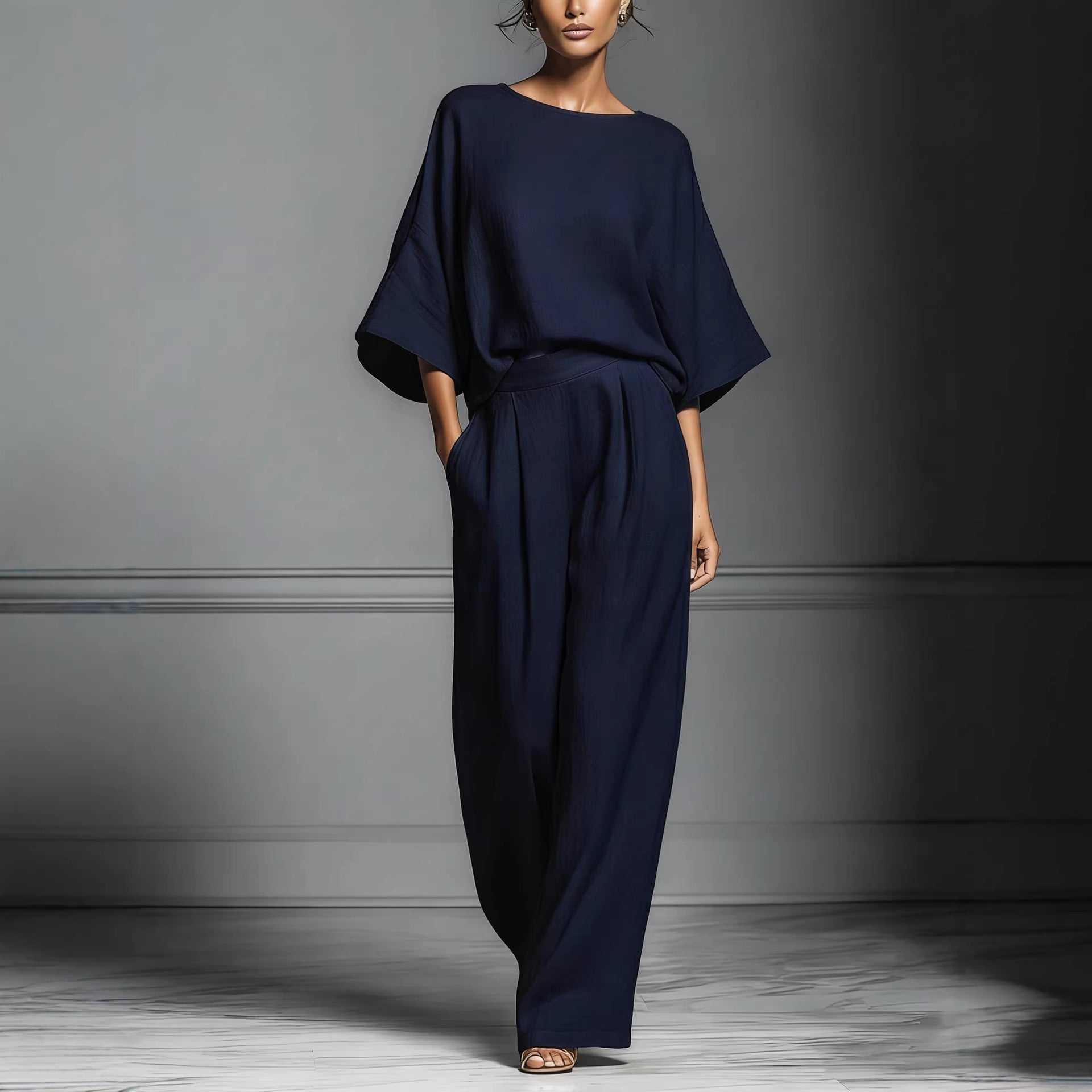 Women’s Flared-Sleeve Linen Suit Two Piece Set Navy Blue