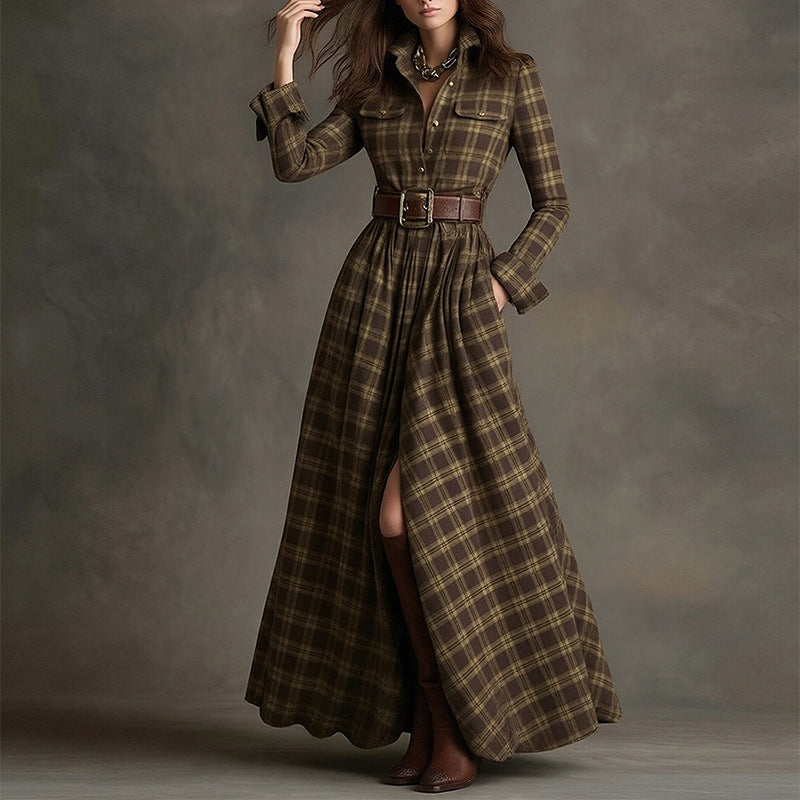 Women's Printed Lapel Slim-Fit Dress – Elegant Commuter Style Brown