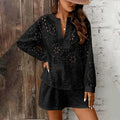 Women's Solid Color Elegant V-Neck Lace Long Sleeve Blouse & Shorts Set Black