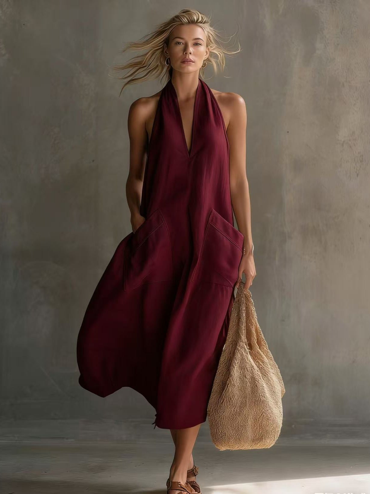 Women's Retro V-Neck Slip Dress – Loose Fit Sleeveless Wine Red