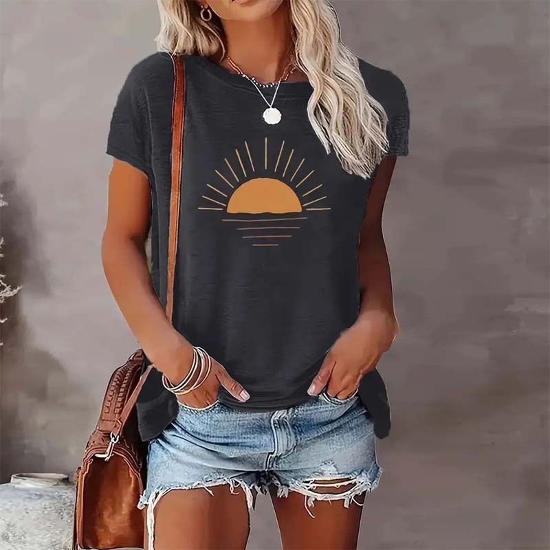 Sunrise Print Round Neck T-Shirt Dark gray