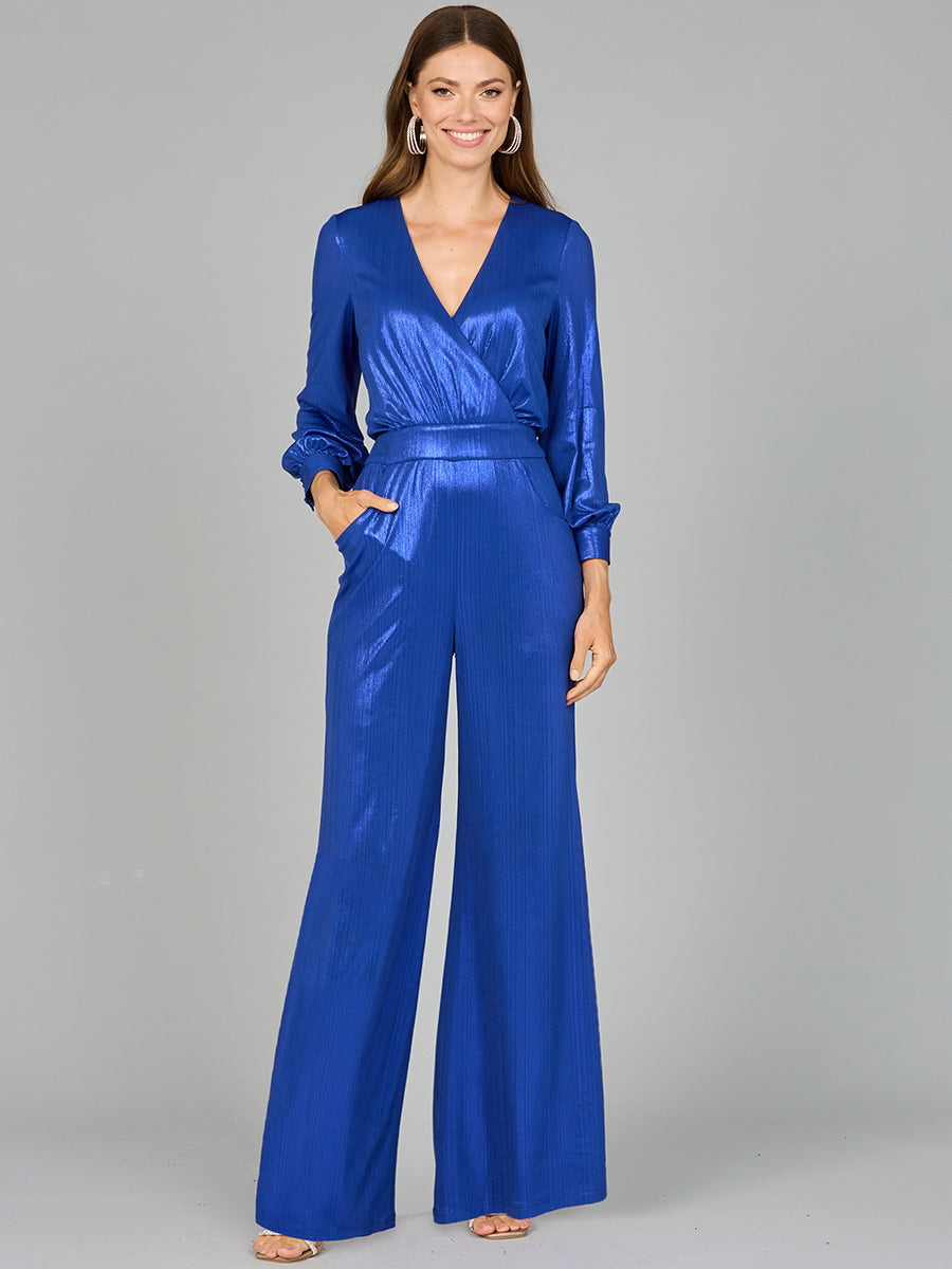 Metallic Shimmer Jumpsuit with Pockets - OUTLET Blue