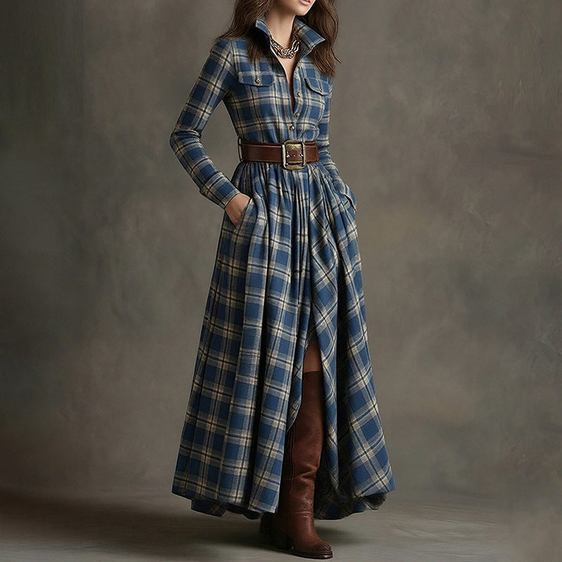 Women's Printed Lapel Slim-Fit Dress – Elegant Commuter Style Small Blue Checks