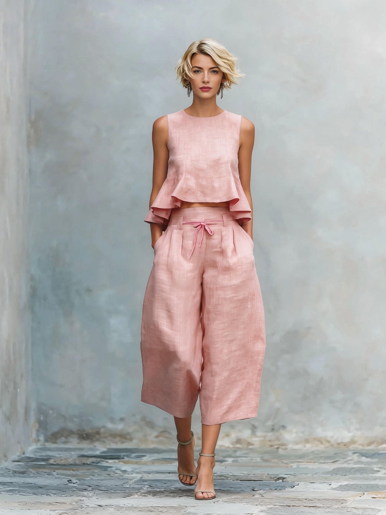 Women’s Linen-Blend Sleeveless Two Piece Set with Ruffled Detailing Pink