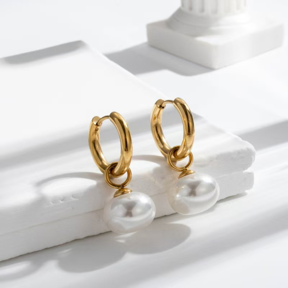 Chunky Pearl Drop Hoops - Stainless Steel