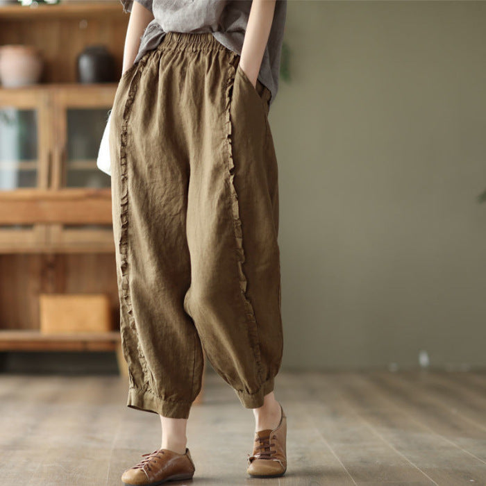 Women's High-Waist Solid-Color Capri Harem Pants Brown Coffee Color