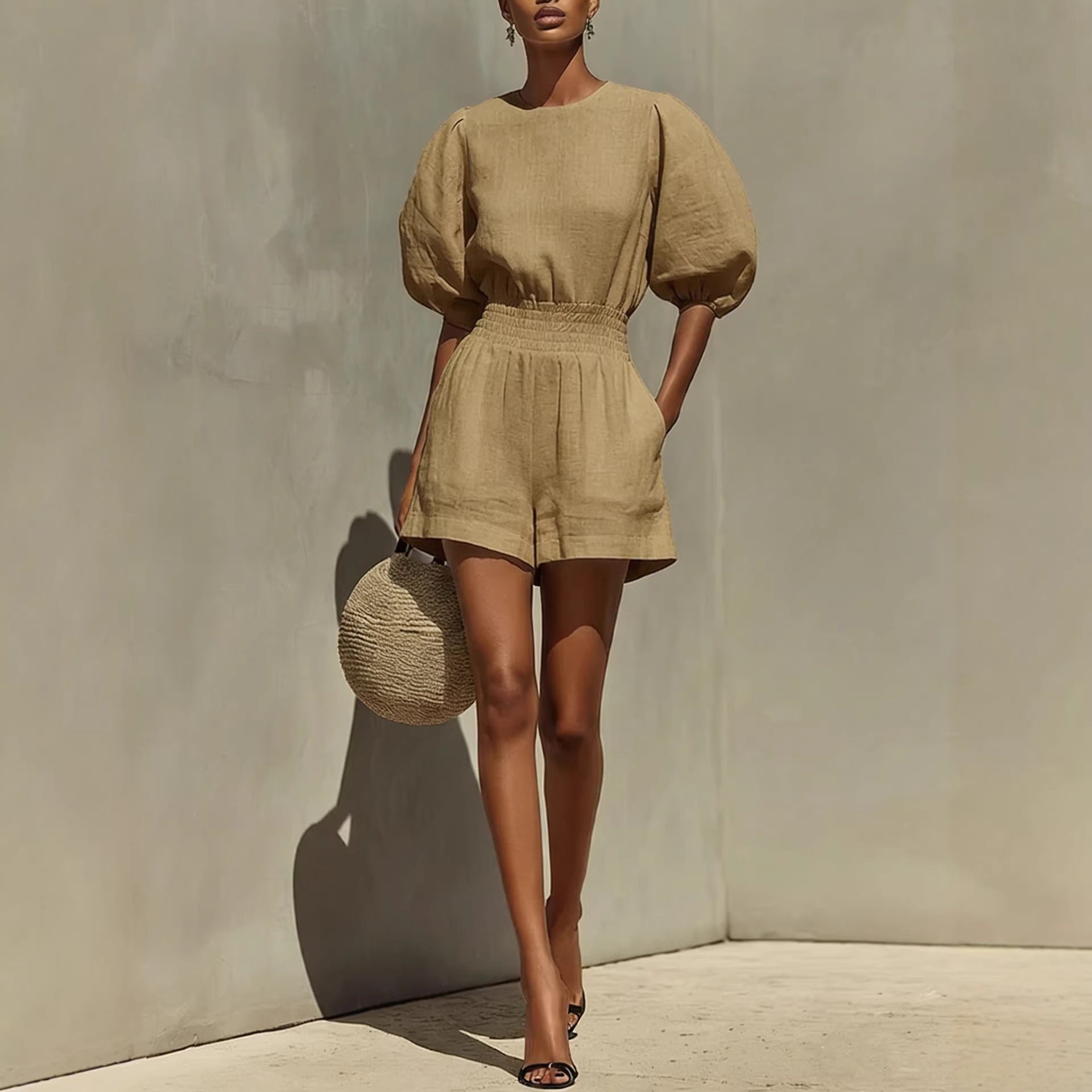 Women's Puff-Sleeve Top & Cropped Shorts Set – Casual Chic Camel