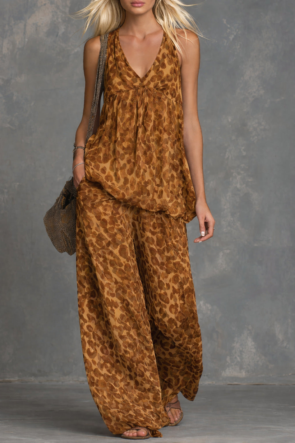 Women’s Leopard Print Sleeveless Top and Chiffon Pants Set Brown