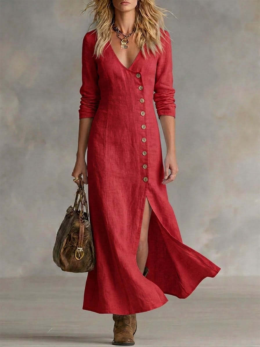 Casual Cotton Linen Long Sleeve Women’s Dress Red