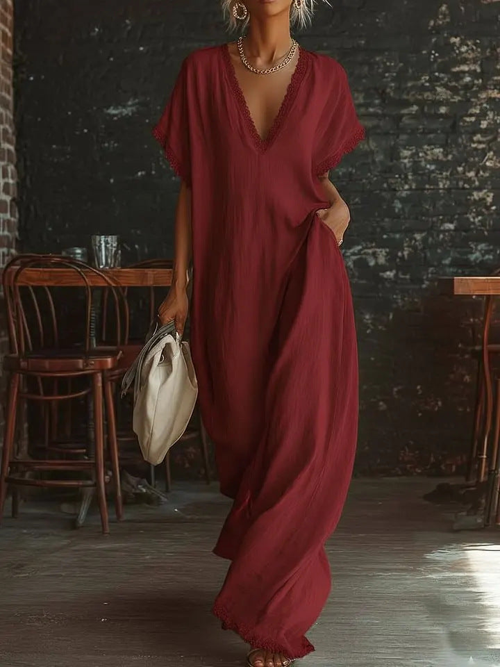 Lace-Trimmed Loose Linen Cotton Long Dress for Women Wine Red