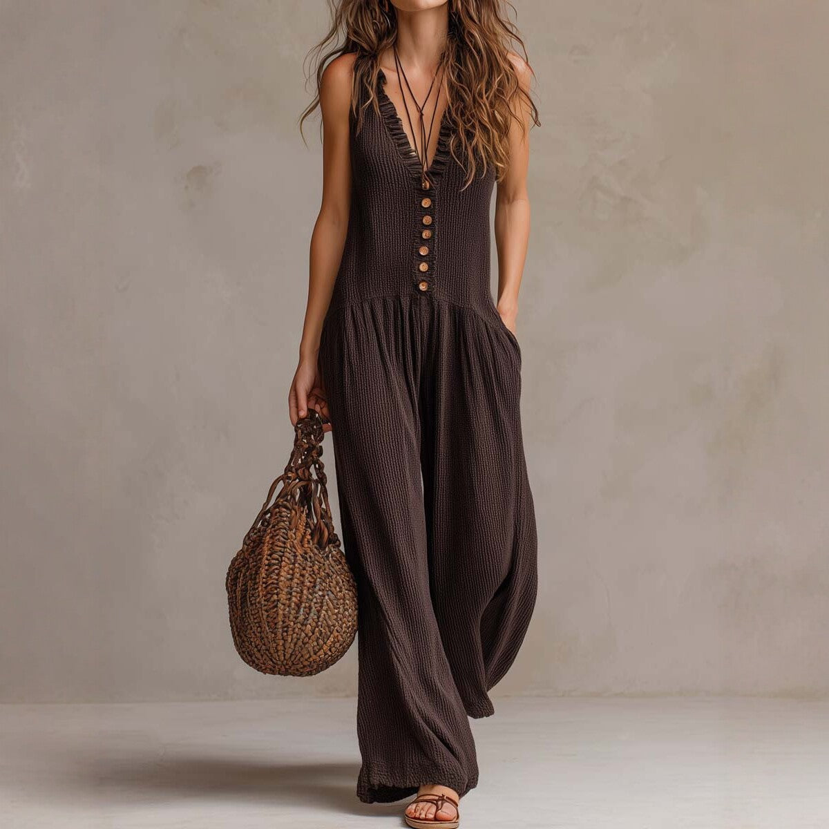 Women’s Loose V-Neck Sleeveless Wide-Leg Jumpsuit Dark Brown