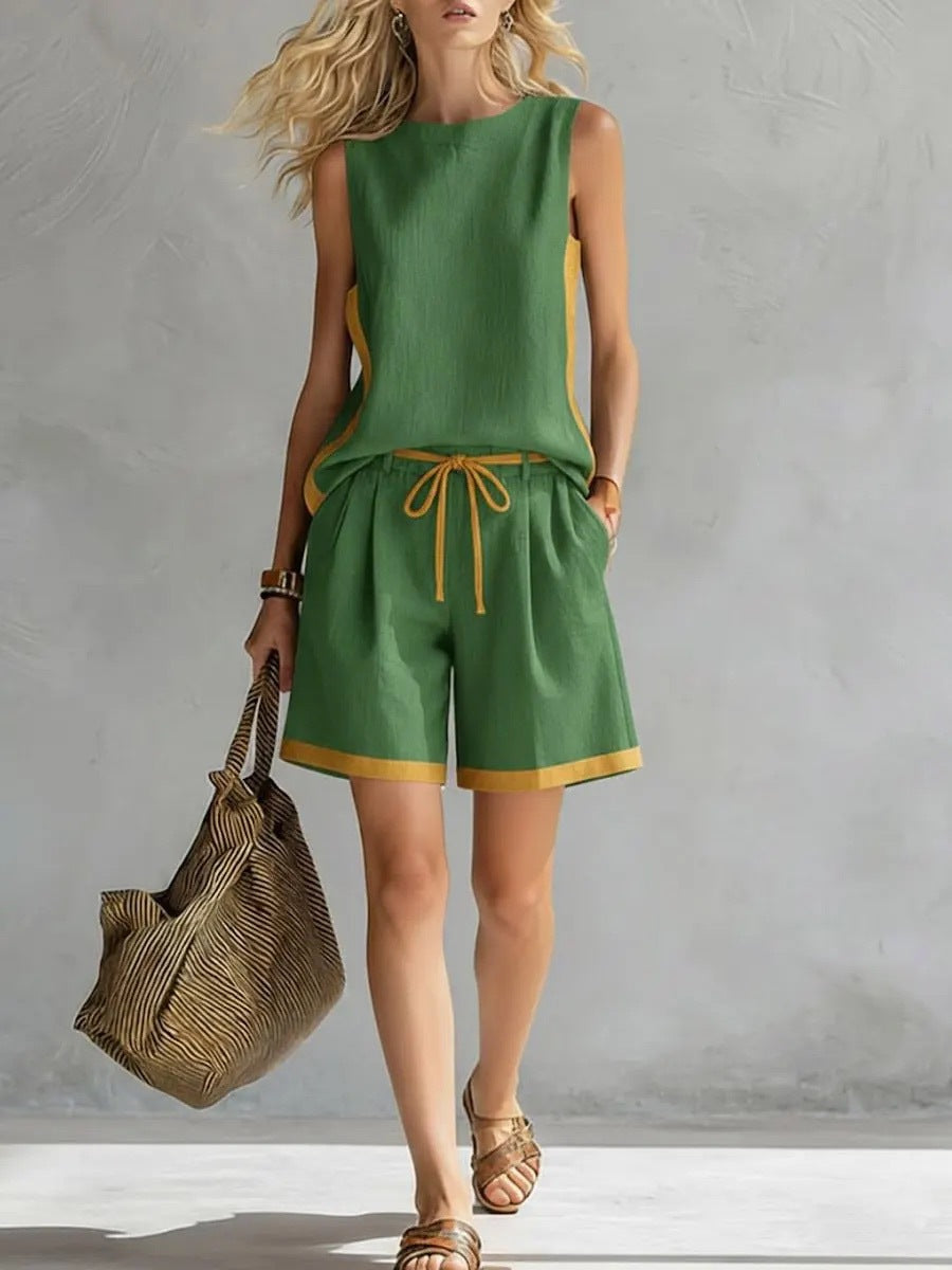 Solid Color Loose Casual Vest and Shorts Set Green