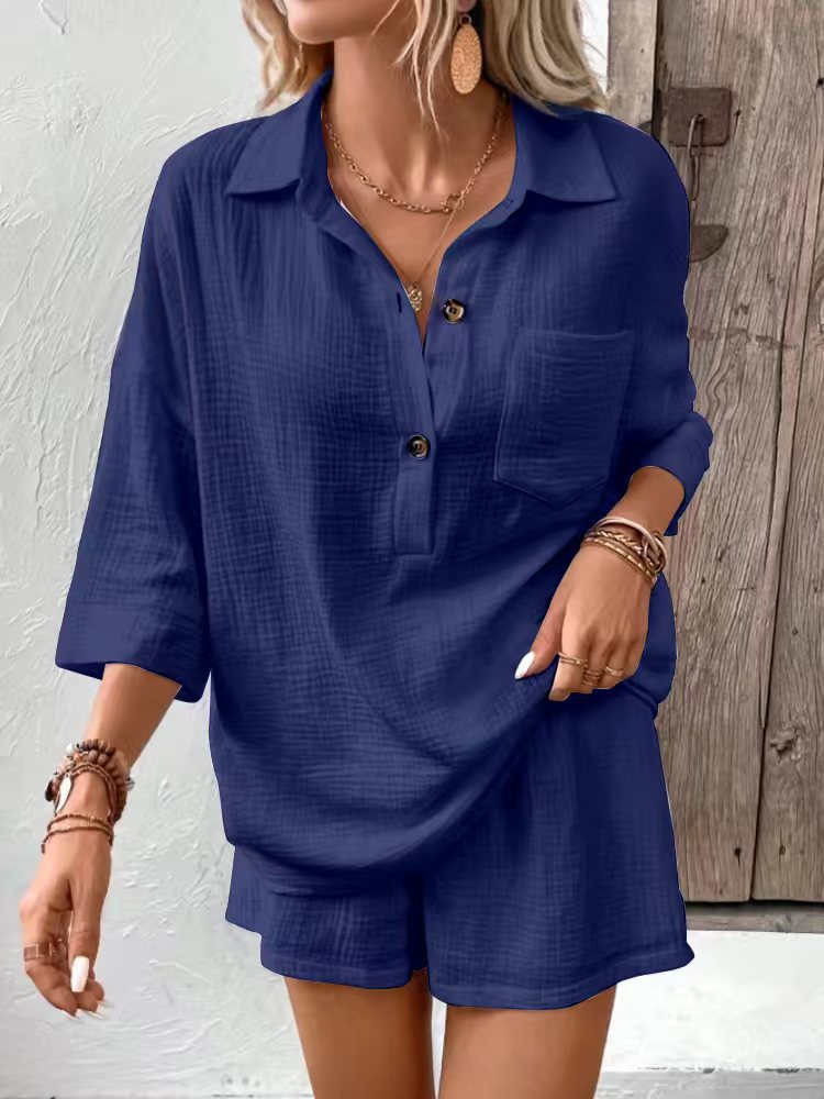 Women's Lapel Collar Double-Panel Shirt & Shorts Two-Piece Set Dark Blue