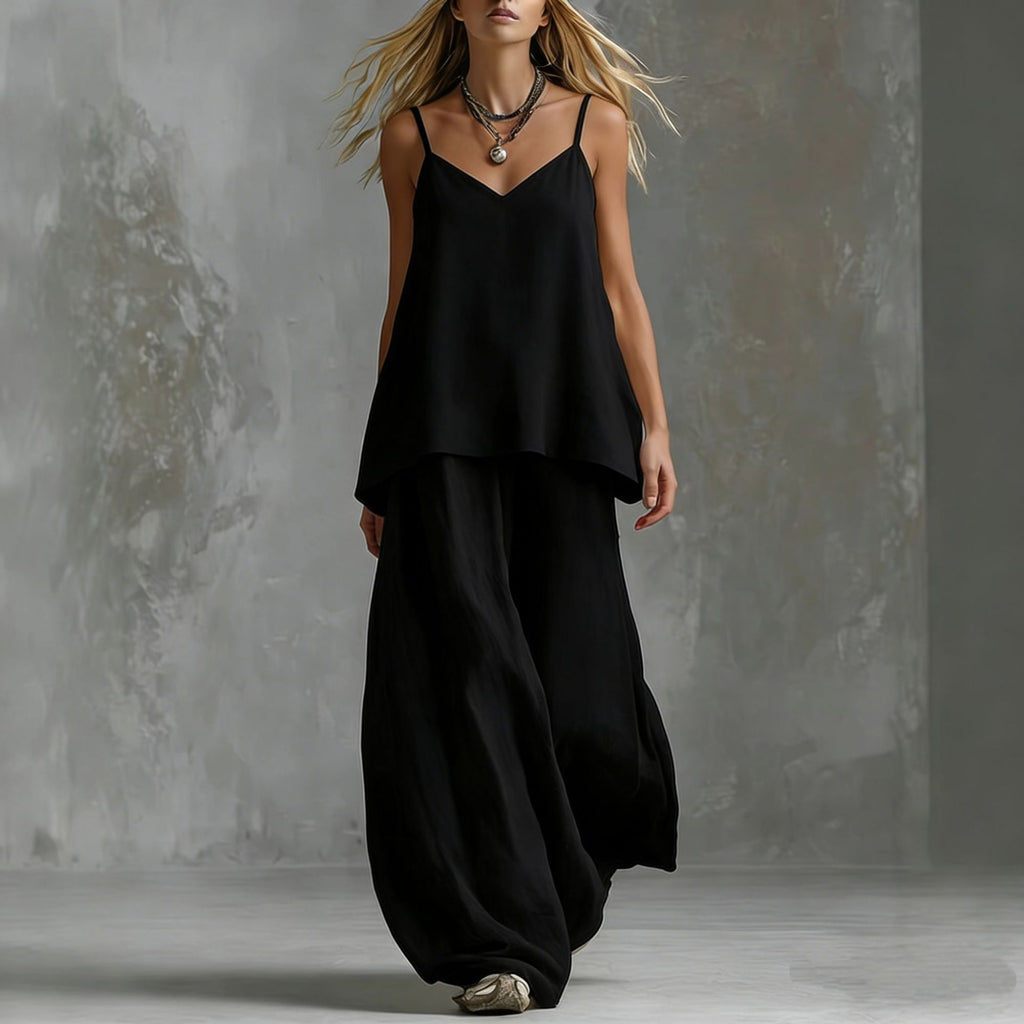 Women's Sleeveless Elegant Pantsuit – Off-Shoulder 2-Piece Suit Set Black