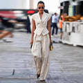 Women’s Elegant Sleeveless Waist-Cinching Two Piece Suit Set Beige