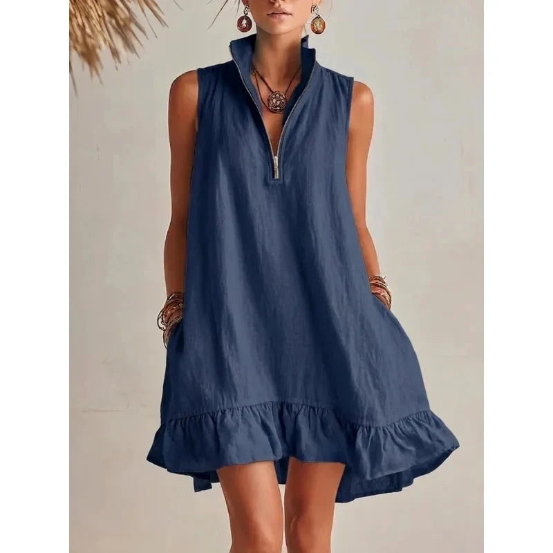 Women's Casual Loose Half-Zip Sleeveless Dress with Ruffle Hem Blue
