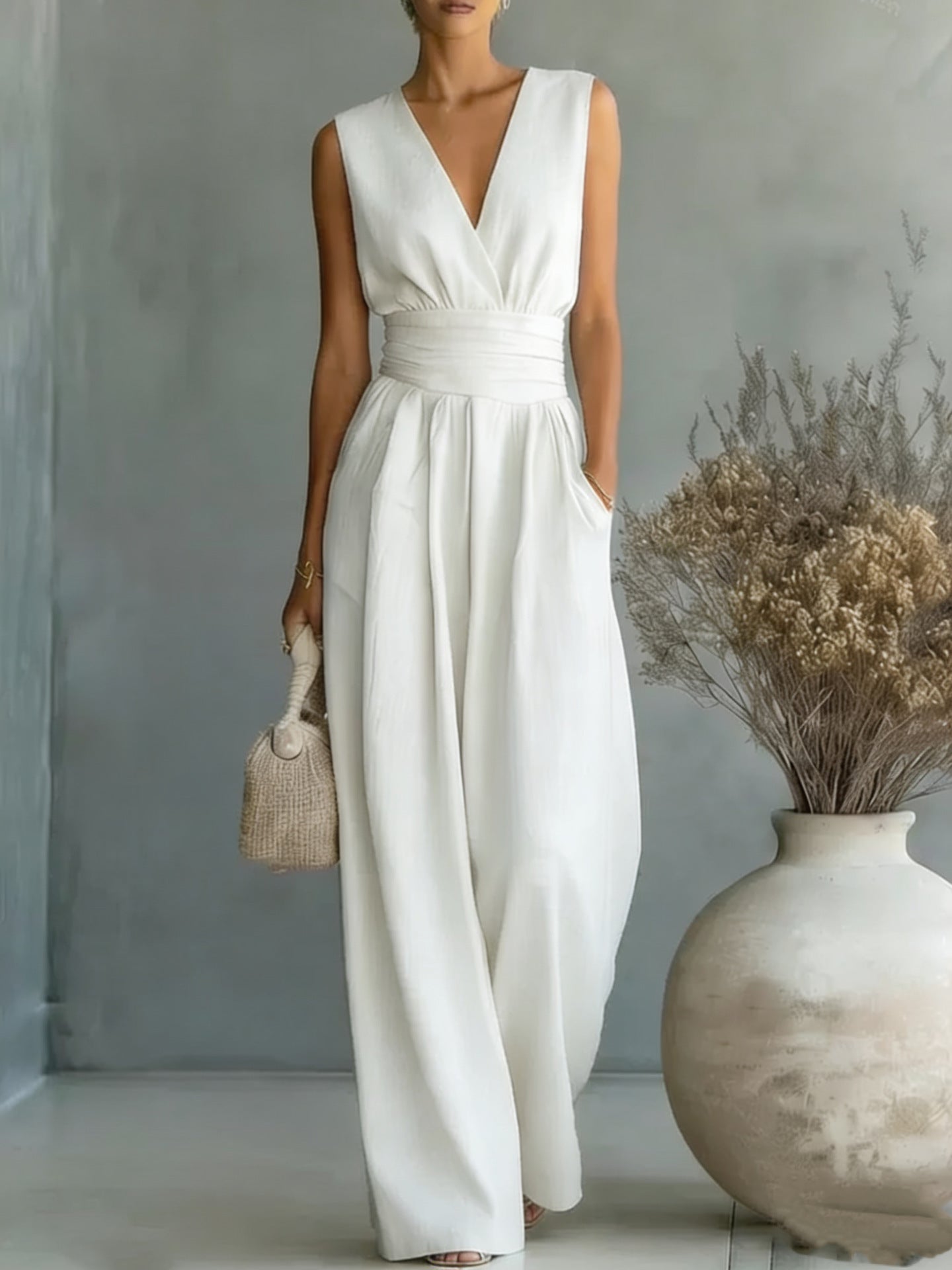 Women's Elegant V-Neck Sleeveless Jumpsuit – Waist-Cinching Straight Leg White