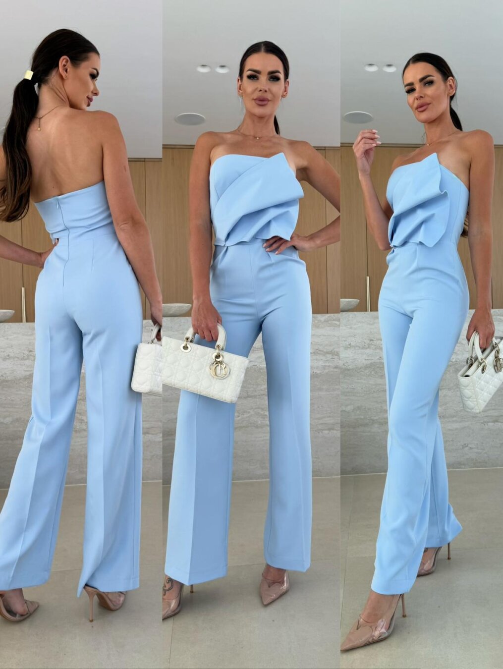 Candy-Colored Bodycon Halterneck Backless High-Waist Wide-Leg Jumpsuit Sky Blue