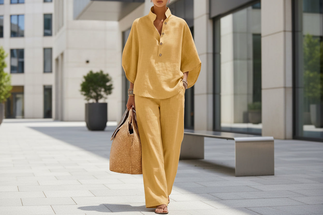 Women’s Casual Shirt and Full-Length Pants Set Yellowish Brown