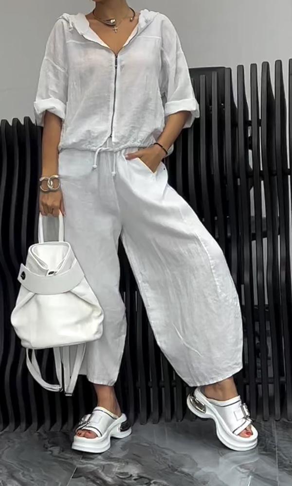 Women’s Cotton Linen Long Sleeve Top and Pants Set White