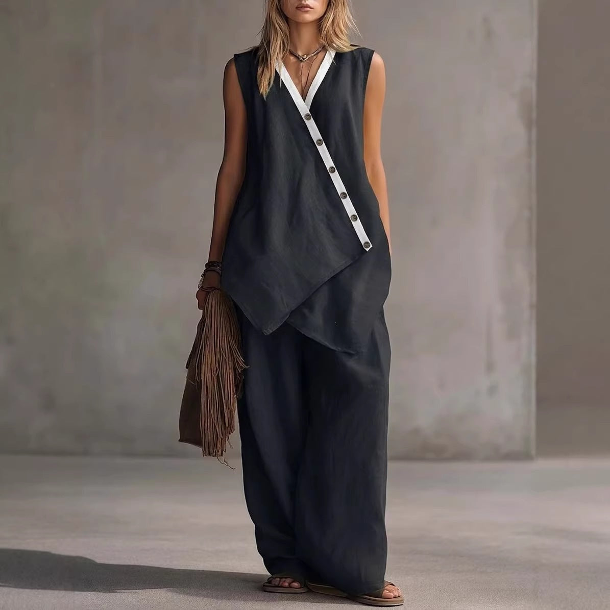 Women's Boho V-Neck Button Vest & Wide-Leg Pants Set Black