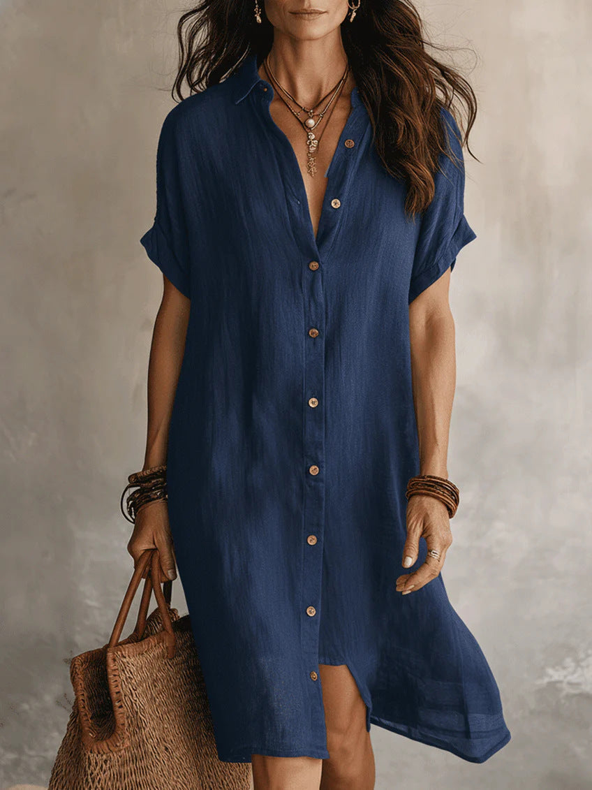 Women's Buttoned Midi Shirt Dress – Short Sleeve Cotton Linen Navy Blue