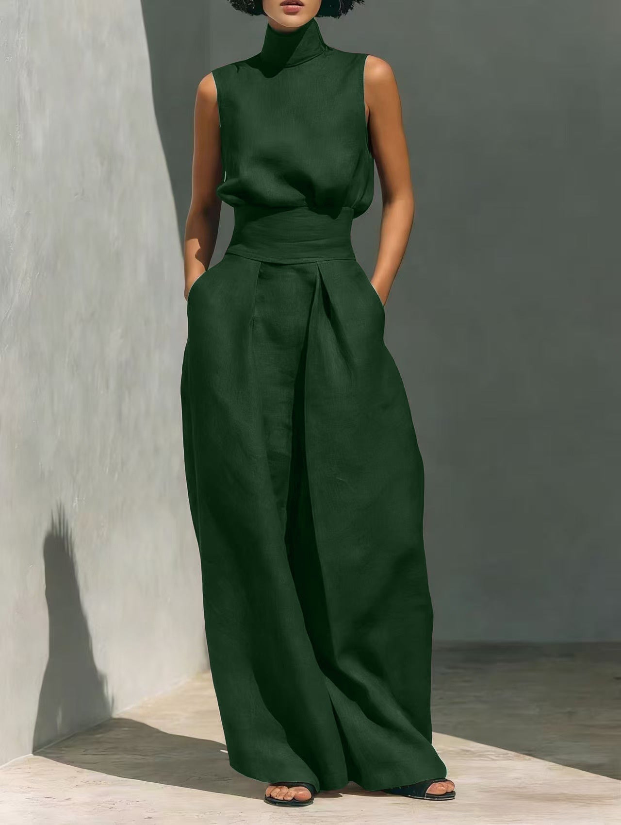 Women’s Cotton Linen Two-Piece Set – Sleeveless Top & Wide-Leg Pants Dark green