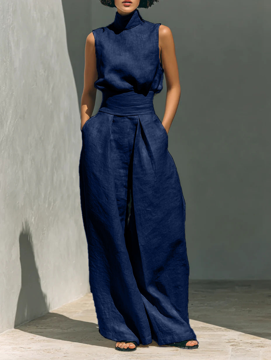Women’s Cotton Linen Two-Piece Set – Sleeveless Top & Wide-Leg Pants Navy Blue