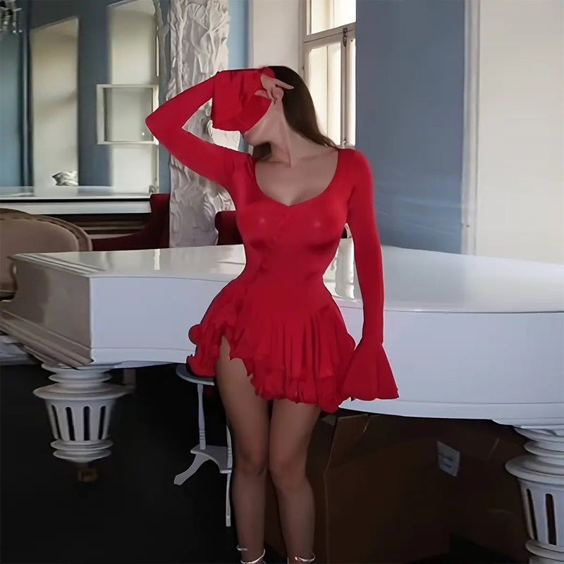 Deep V-Neck Ruffle-Hem Flared-Sleeve Mini Dress — Button-Front Bodycon Red